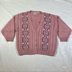 Vintage hand knitted pink embroidery oversized chunky cable knit sweater. Sz 24W